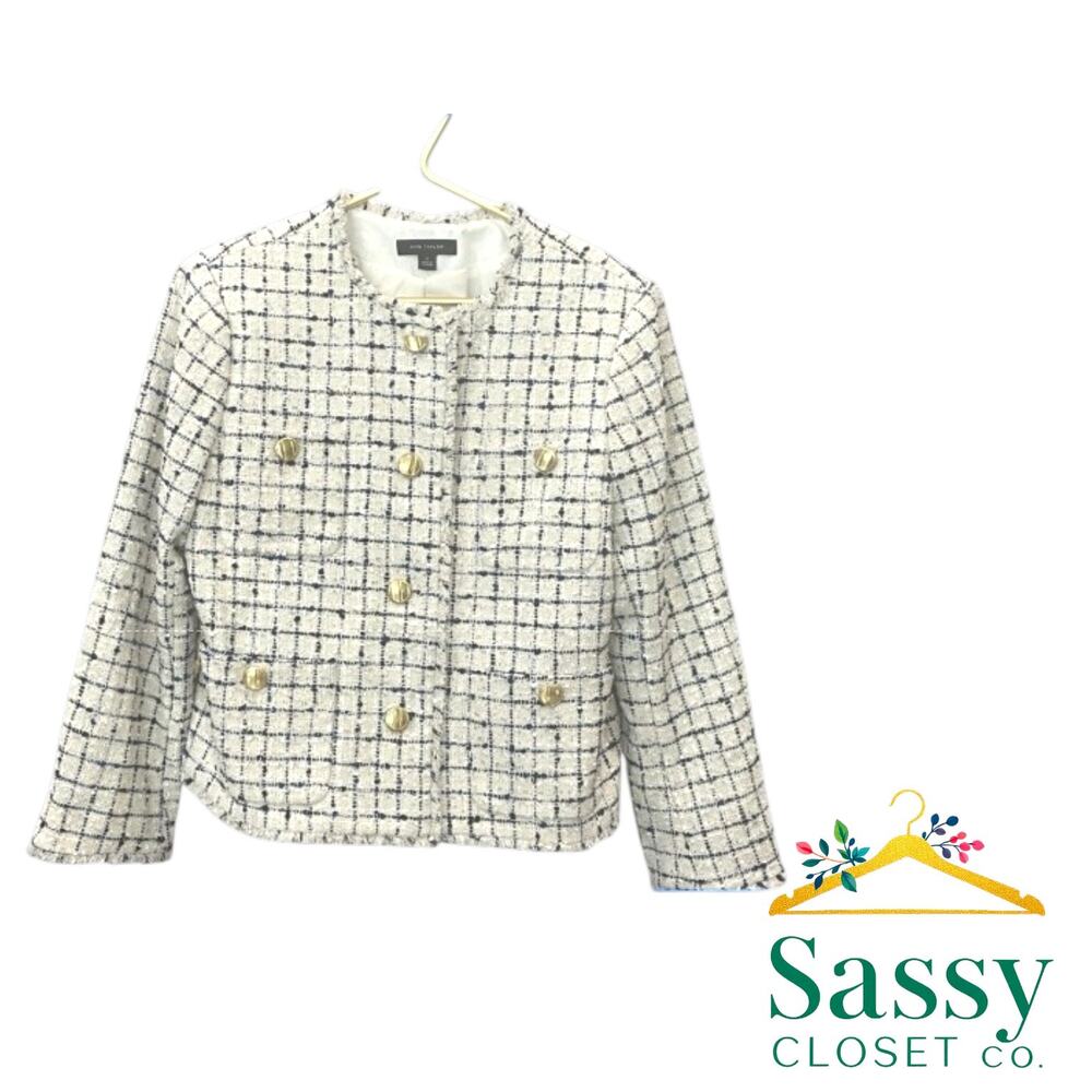 Ann Taylor White Tweed Lady Jacket 12 NWOT Collarless Cropped Plaid Blazer